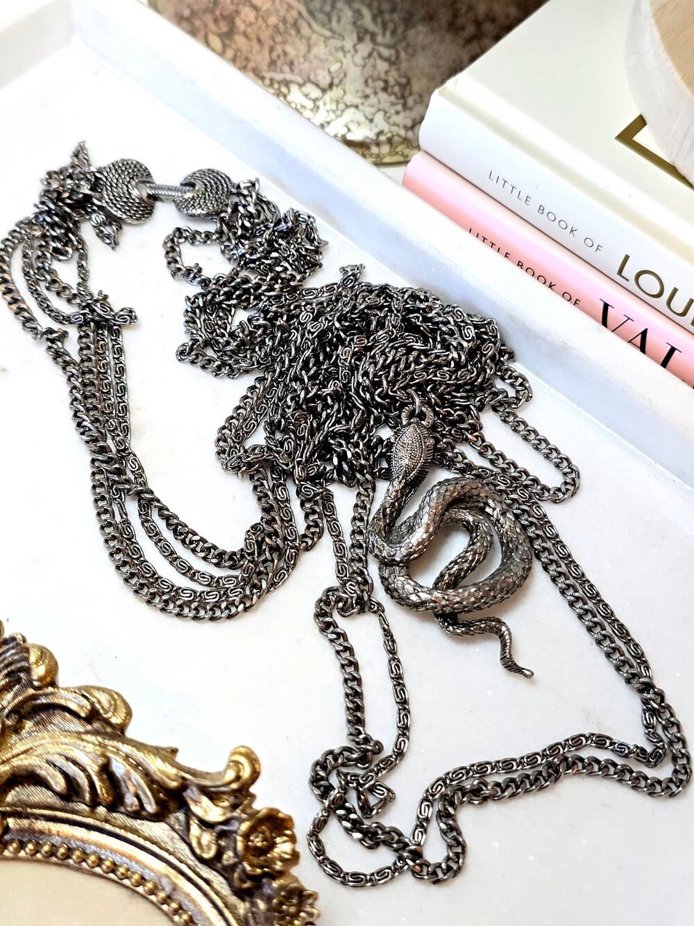 Goldette Signed Silvertone Multi-Chain Snake Pendant Necklace.